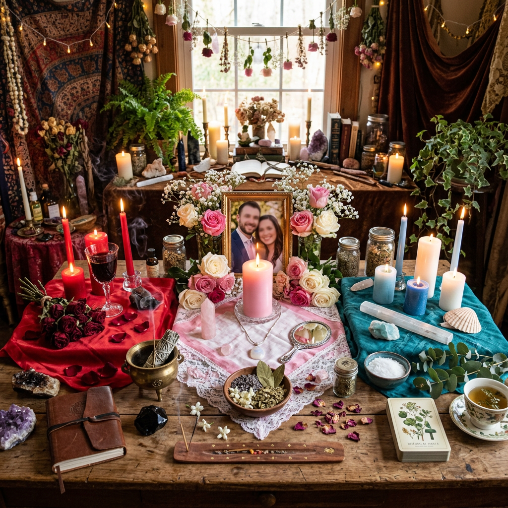 Altar with lit candles, pink and white roses, crystals, herbs, and a photo of a couple