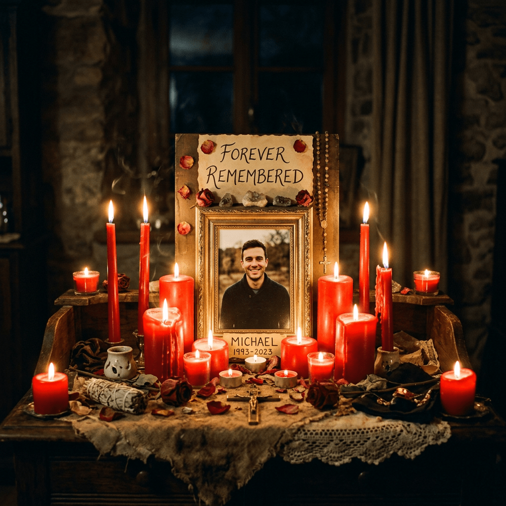 Memorial altar with lit red candles, dried roses, crucifix, and framed photo of Michael with dates 1993-2023