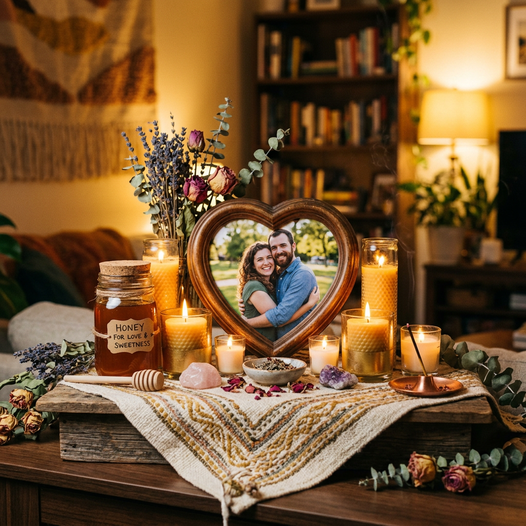 Heart-shaped photo frame with a smiling couple hugging, surrounded by lit candles, dried flowers, and a jar of honey labeled 'Honey for love & sweetness' on a wooden table.