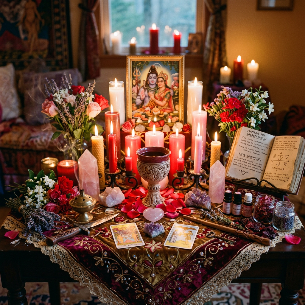 Spiritual altar with lit candles, flowers, tarot cards, crystals, and incense