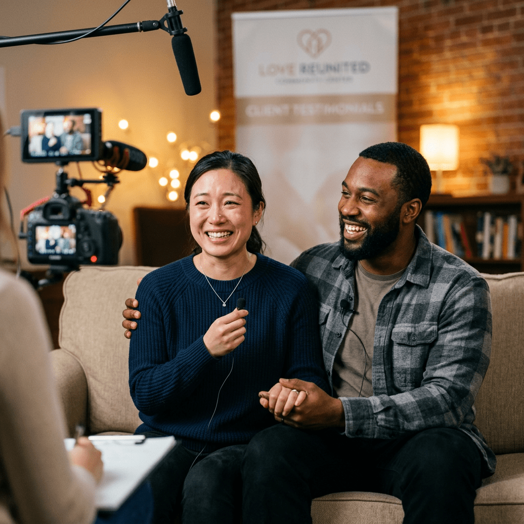 Couple sitting on a couch holding hands and speaking in front of a camera for client testimonials