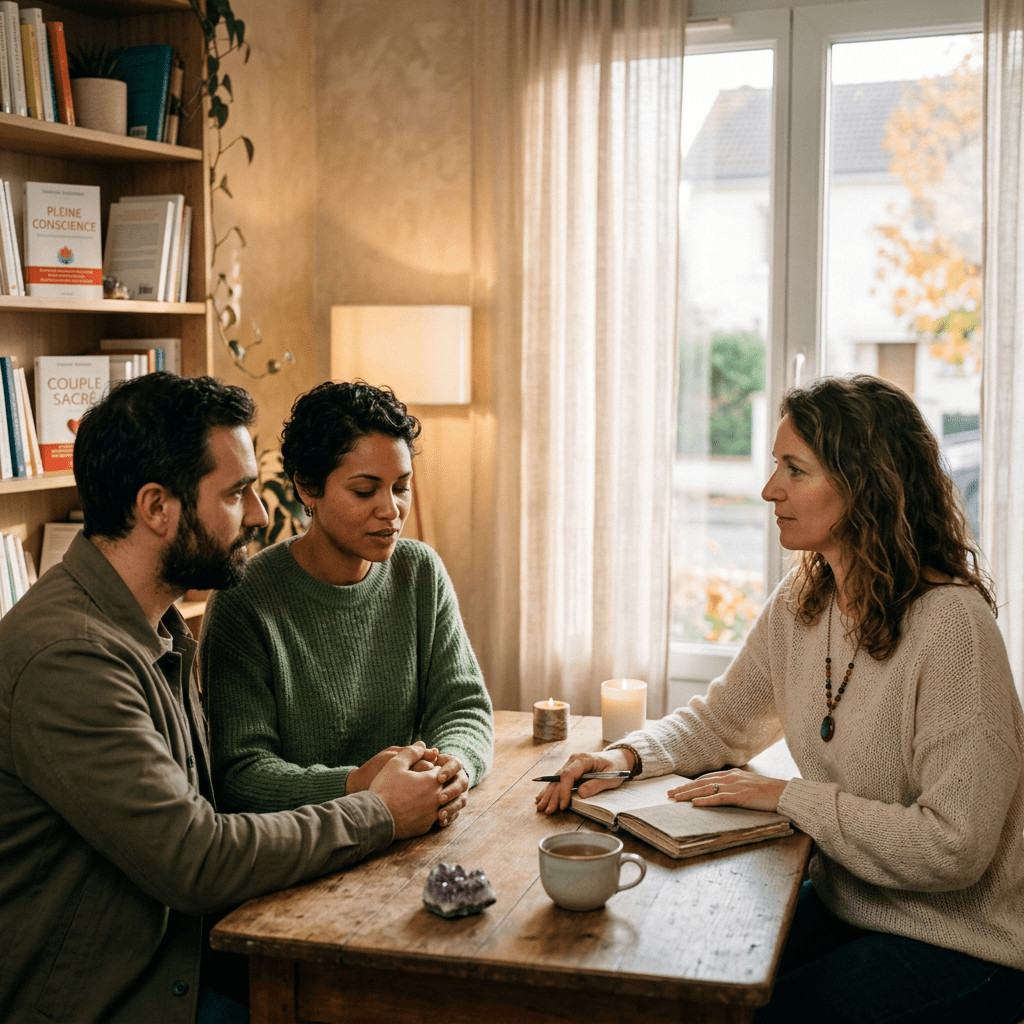 Couple sitting with therapist at wooden table in warm, cozy room
