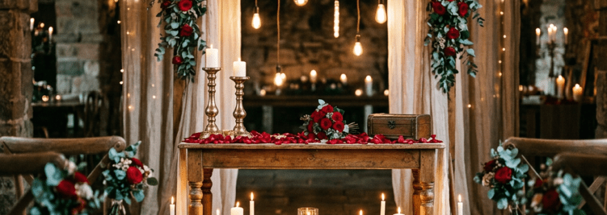 Wedding altar with red roses, candles, hanging lights, and wooden table