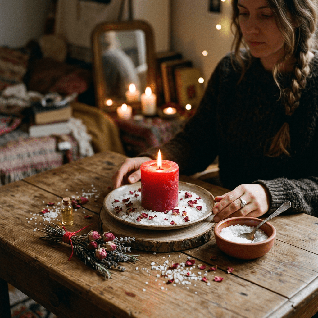 Woman arranging a red candle surrounded by salt and dried flower petals on a rustic wooden table