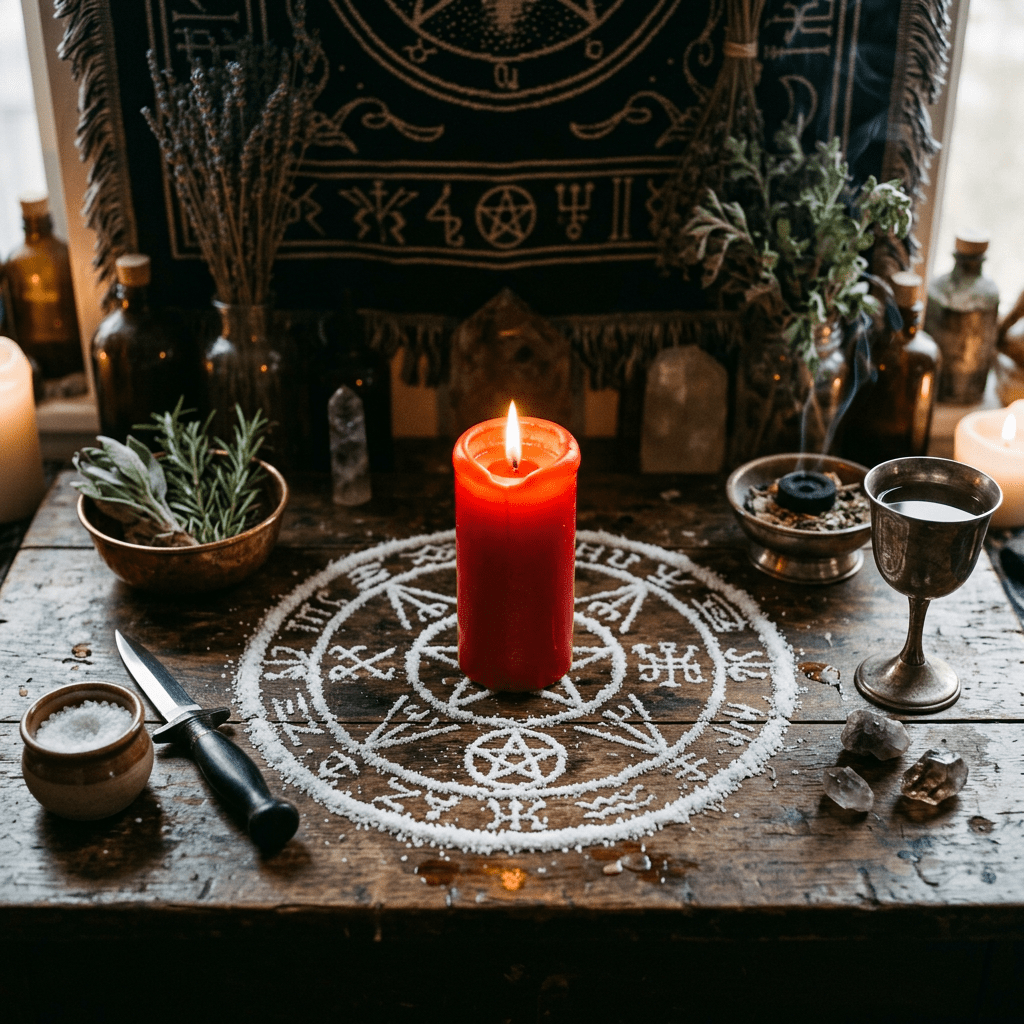 Red candle burning in center of salt circle with mystical symbols on wooden table surrounded by herbs, crystals, knife, incense, and chalice