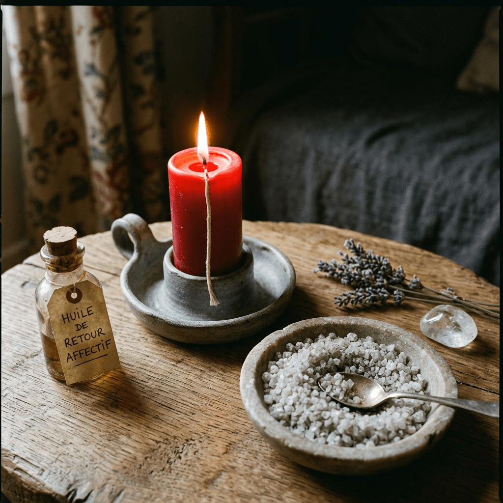 Lit red candle in a ceramic holder, bottle labeled 'Huile de Retour Affectif', bowl of bath salts, lavender sprigs, and a crystal on a wooden table