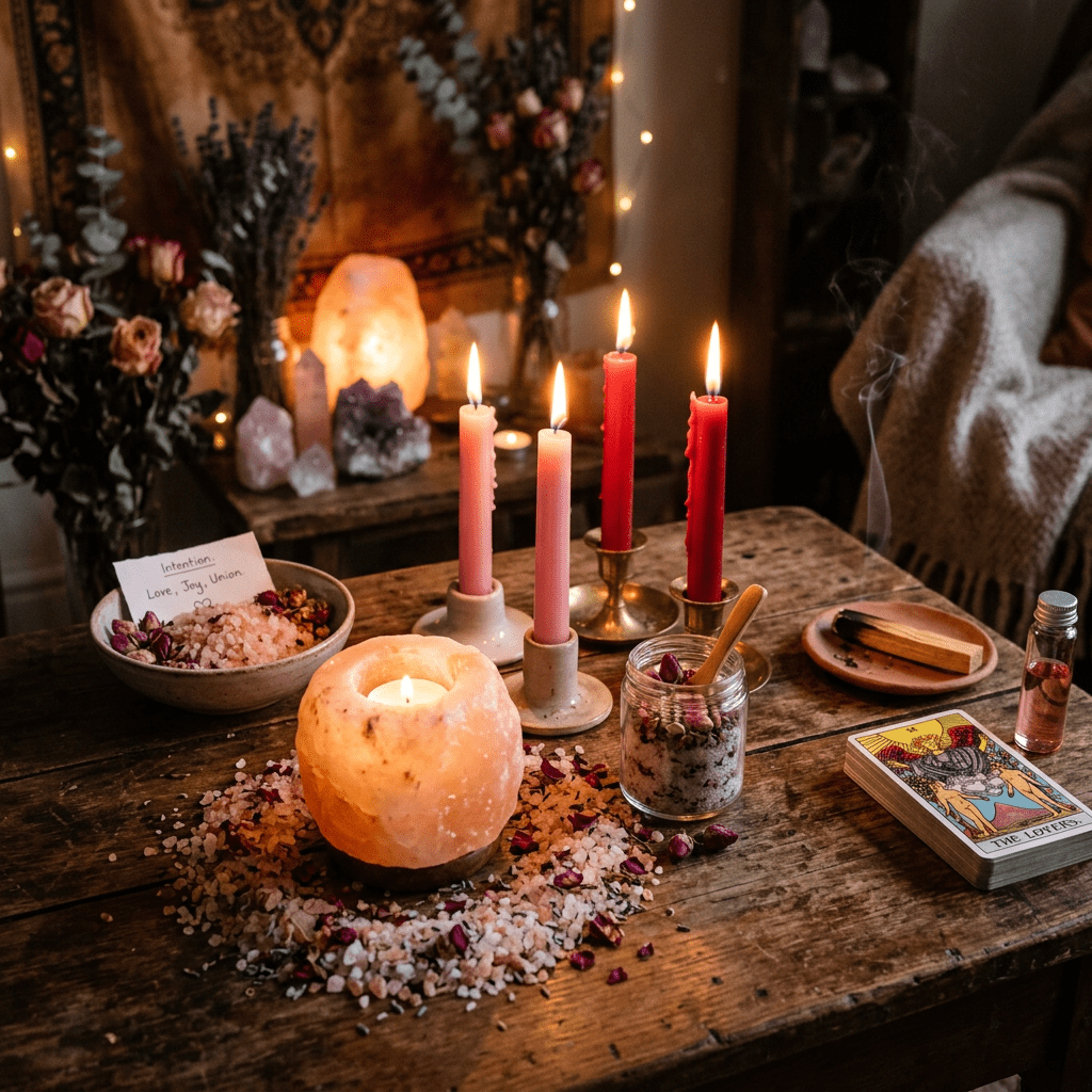 A wooden table with lit candles, Himalayan salt crystals, dried rose petals, tarot cards, and a small jar with a wooden spoon