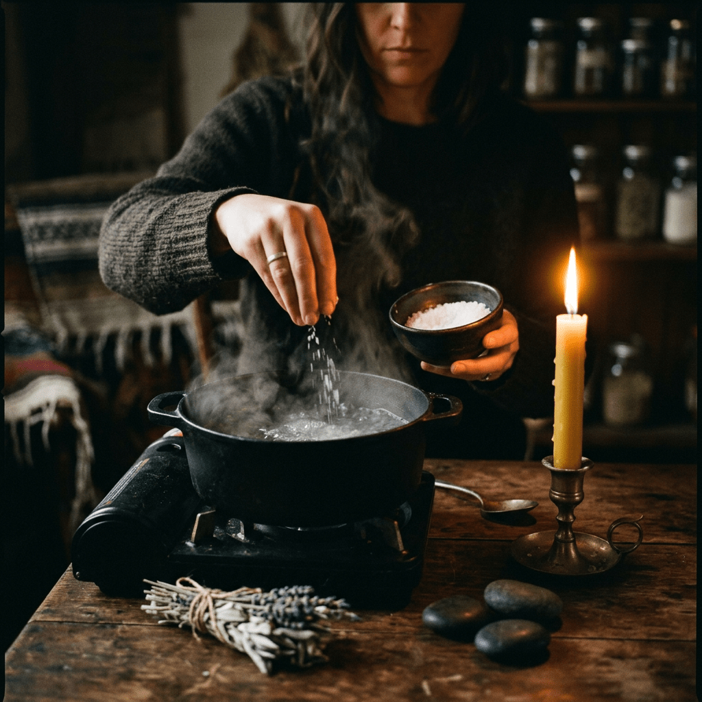 Boiling water ritual with salt and candle