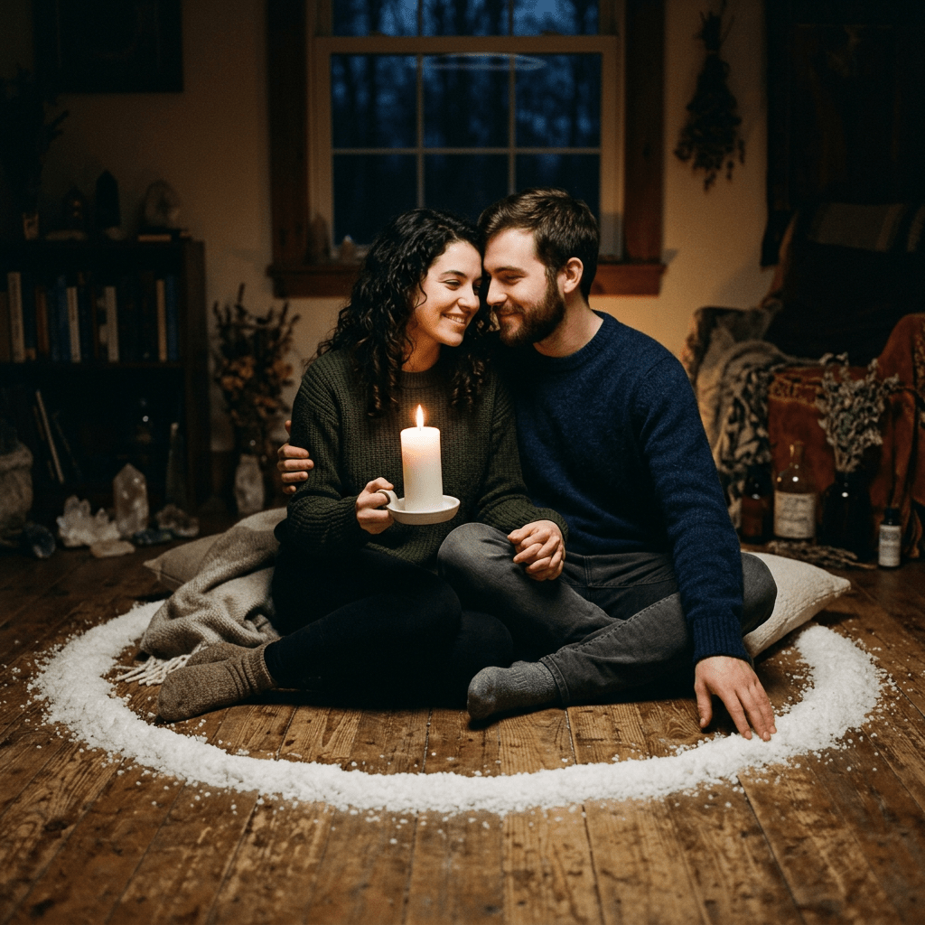 Couple sitting cross-legged on wooden floor inside a circle of white powder holding a lit candle