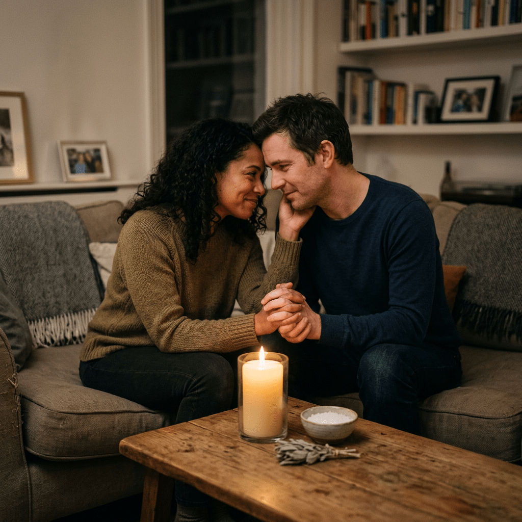Couple reconciling with candle and salt