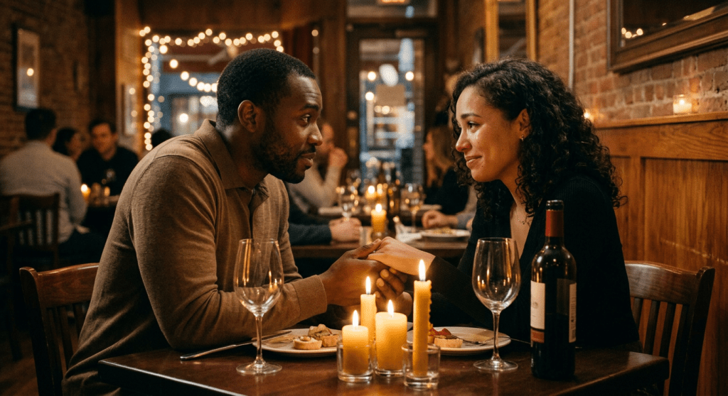Couple holding hands and looking at each other during candlelit dinner at restaurant