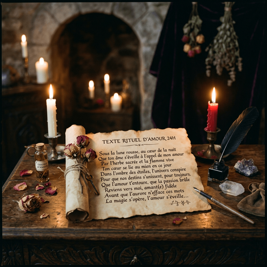 Rolled parchment with French love ritual text, candles, dried roses, key, ink, and crystals on wooden table