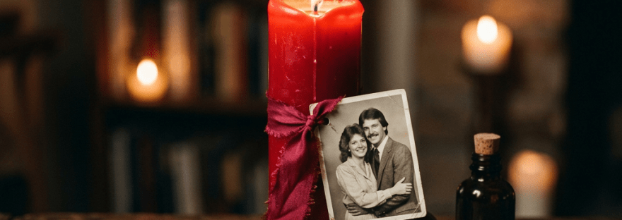 Red candle ritual with photo and ribbon