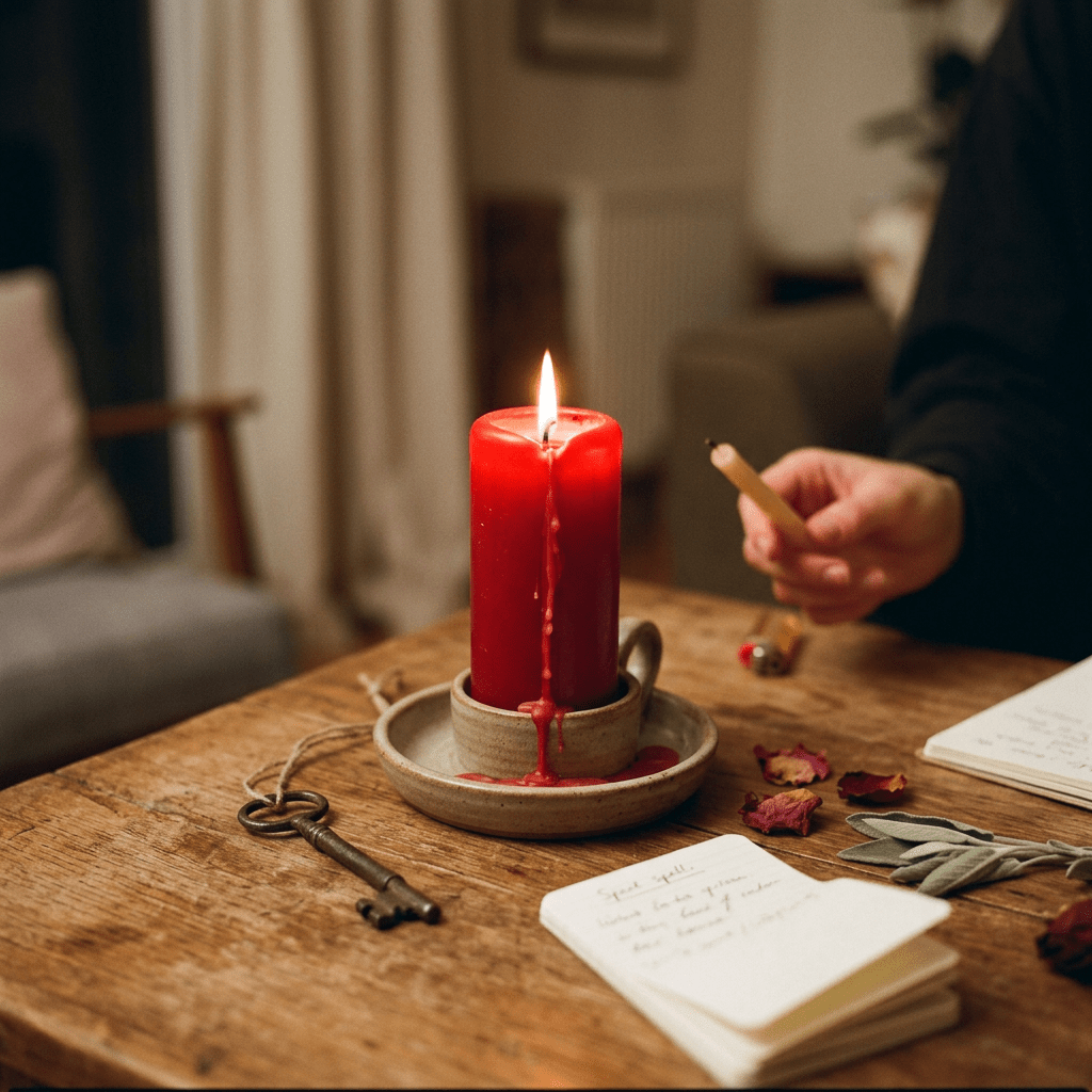 Burning red candle on ceramic holder with handwritten notes, vintage key, and person's hand holding a small candle