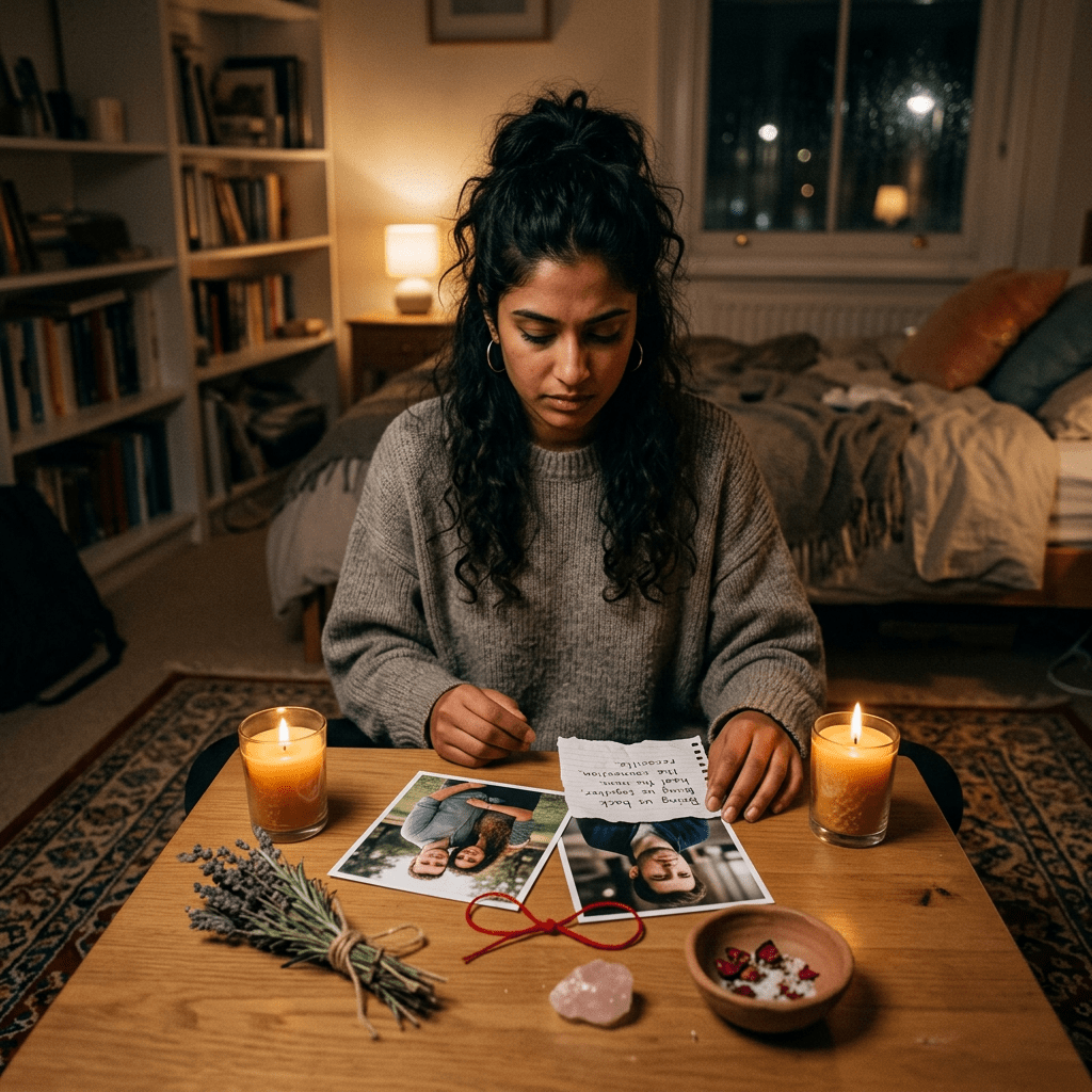 Woman looking at photographs and a handwritten note on a table with lit candles and herbs