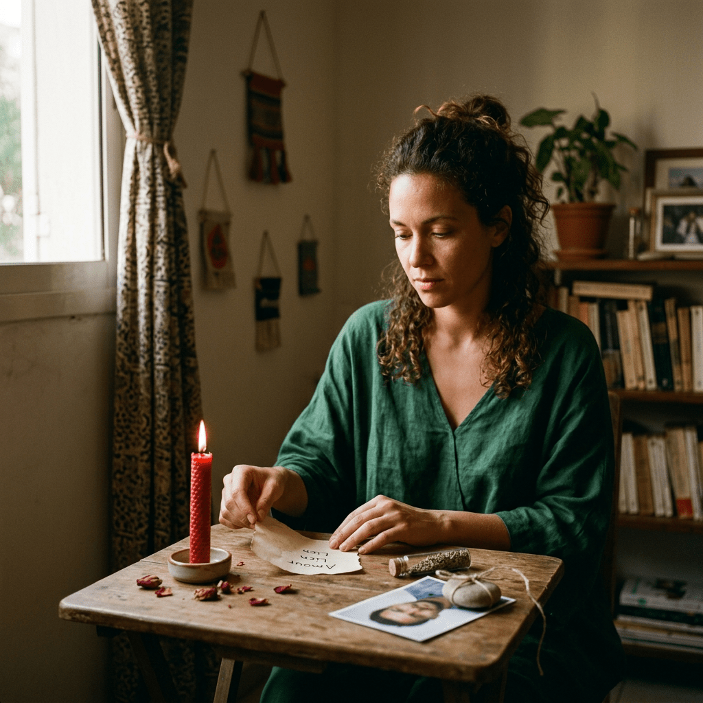 Woman sitting at a wooden table with a lit red candle, a folded paper with writing, a photograph, and a small pouch.