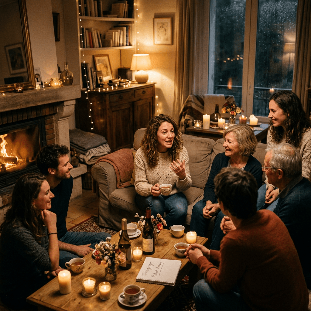 Family members sitting and chatting in a cozy living room with candles and fireplace