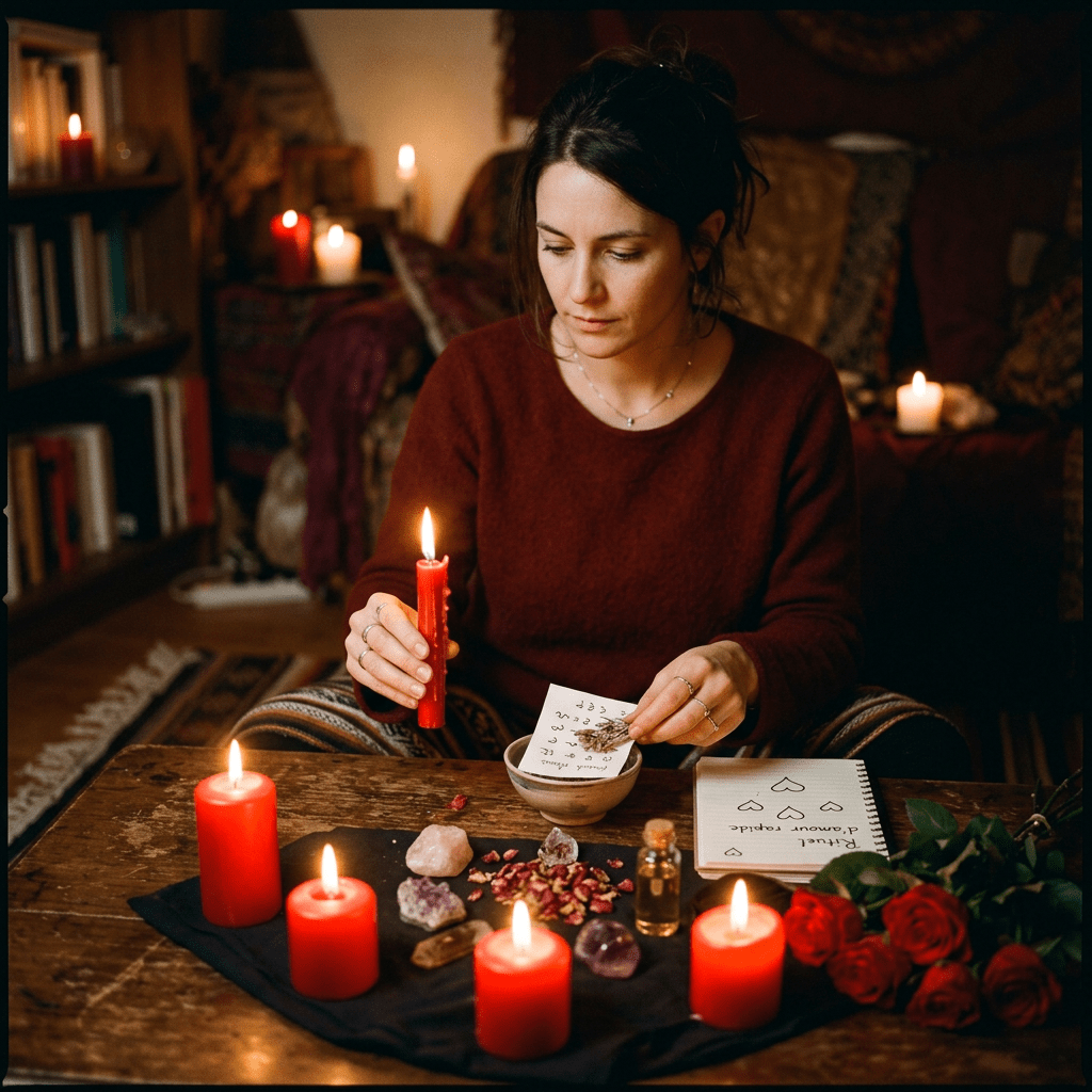Woman holding a lit red candle and burning herbs over a bowl surrounded by red candles, crystals, and a notebook with hearts and writing
