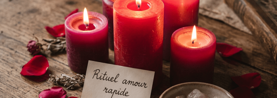 Five lit red candles surrounded by rose petals, a bowl of rose quartz stones, and a note reading 'Rituel amour rapide'