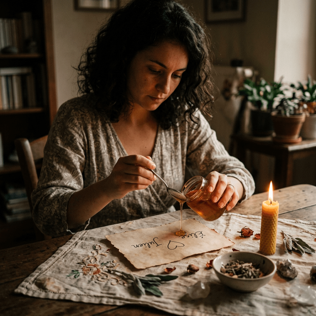 Woman pouring honey from a jar onto a paper with handwritten text
