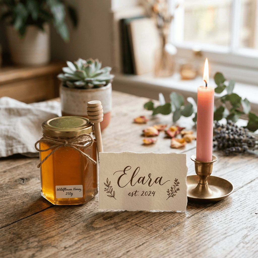 Jar of wildflower honey with honey dipper, lit pink candle in brass holder, and card saying Elara est. 2024