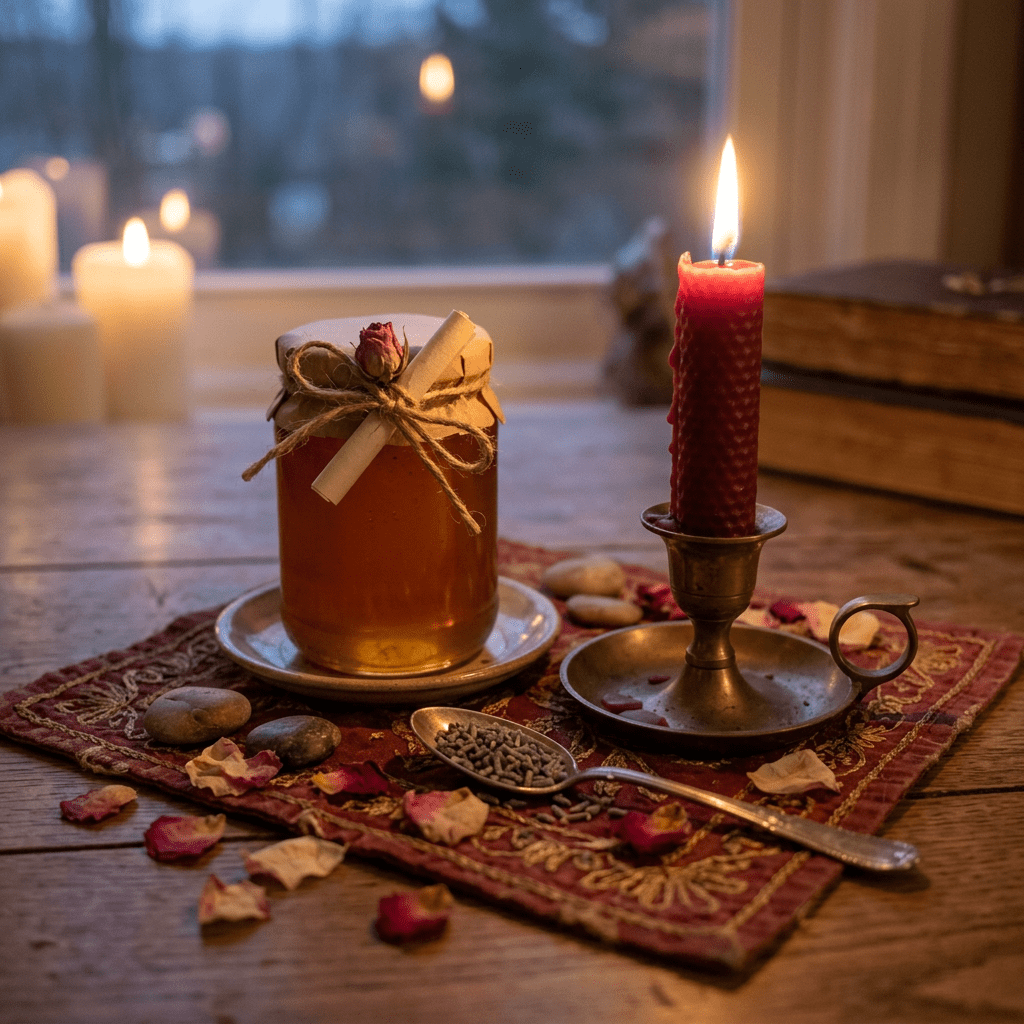 Jar of honey with a tied scroll and dried rose on a plate beside a lit candle on brass holder