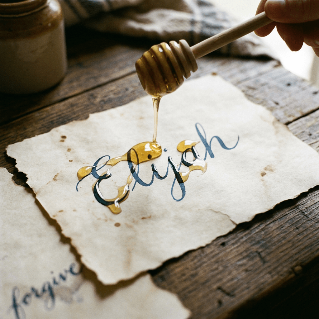 Honey being drizzled over calligraphy name Elijah on stained paper