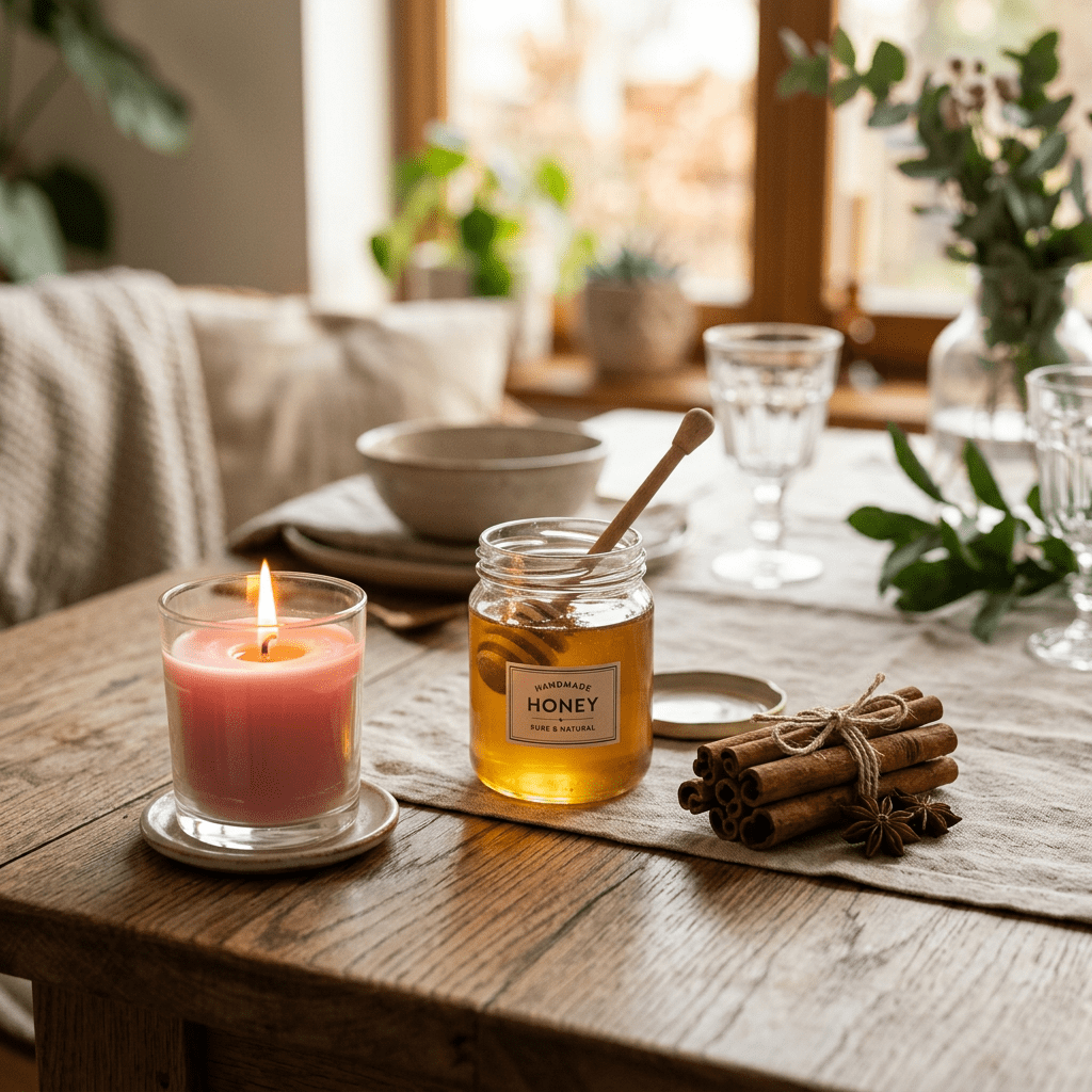 Jar of honey with dipper, bundle of cinnamon sticks, and lit pink candle on wooden table