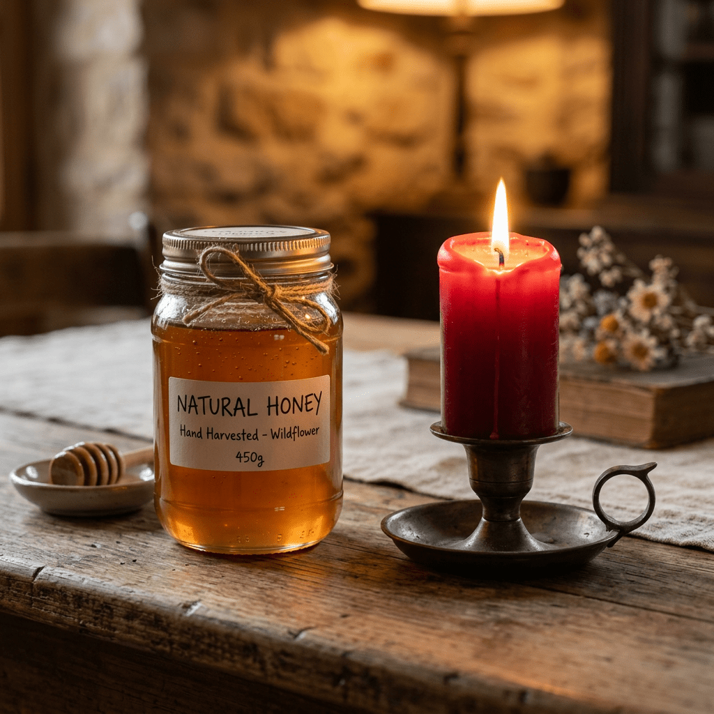Jar of natural honey labeled hand harvested wildflower next to a lit red candle on wooden table