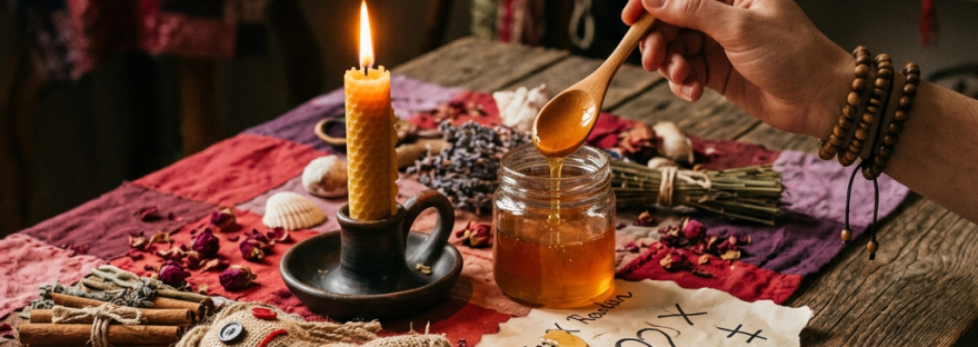 Wooden table with a lit candle, jar of honey, handcrafted doll, dried herbs, and a handwritten note