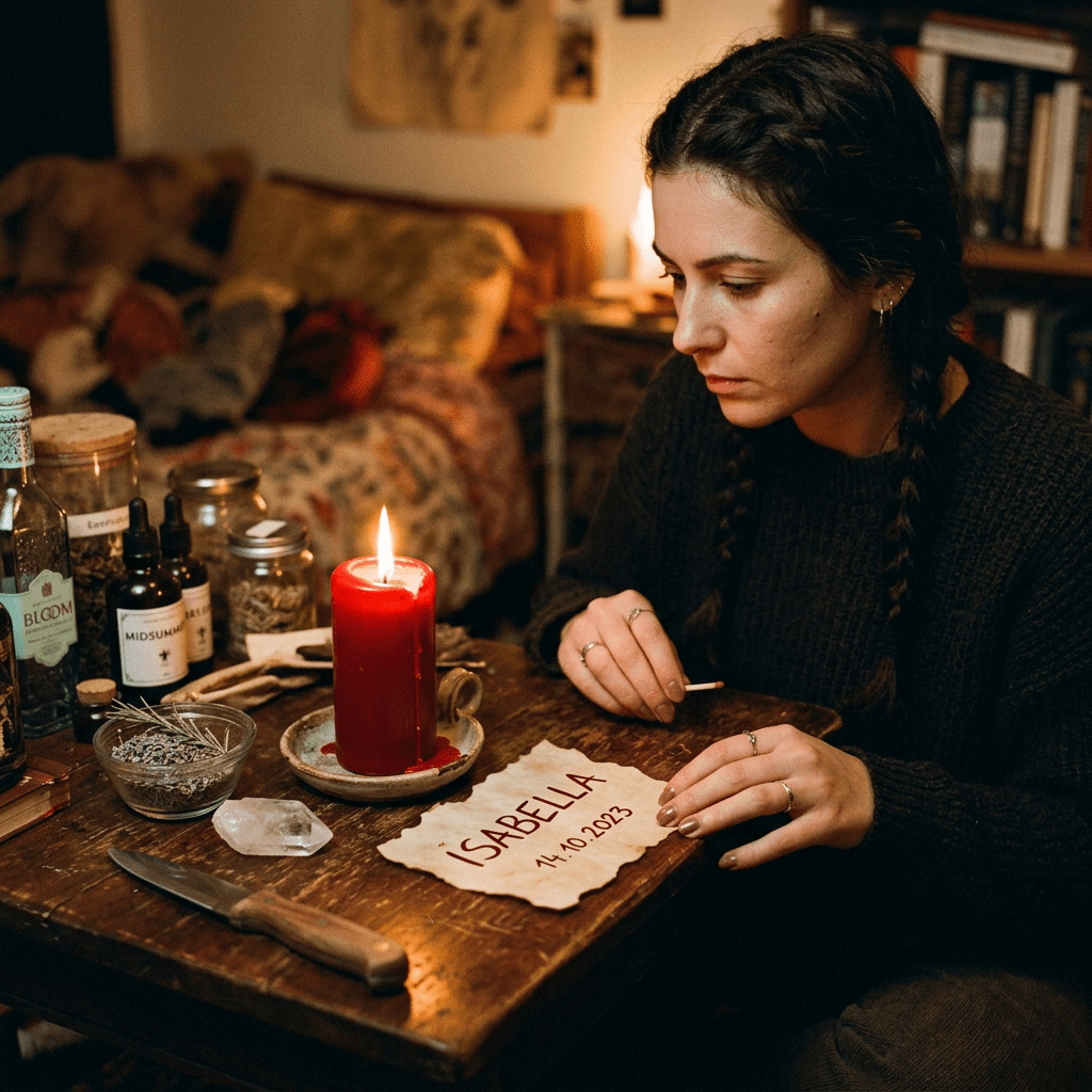 Woman sitting at a wooden table with a lit red candle, herbs, a crystal, and parchment reading 'ISABELLA 14.10.2023'