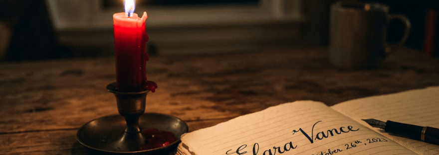 Red candle beside handwritten name at night