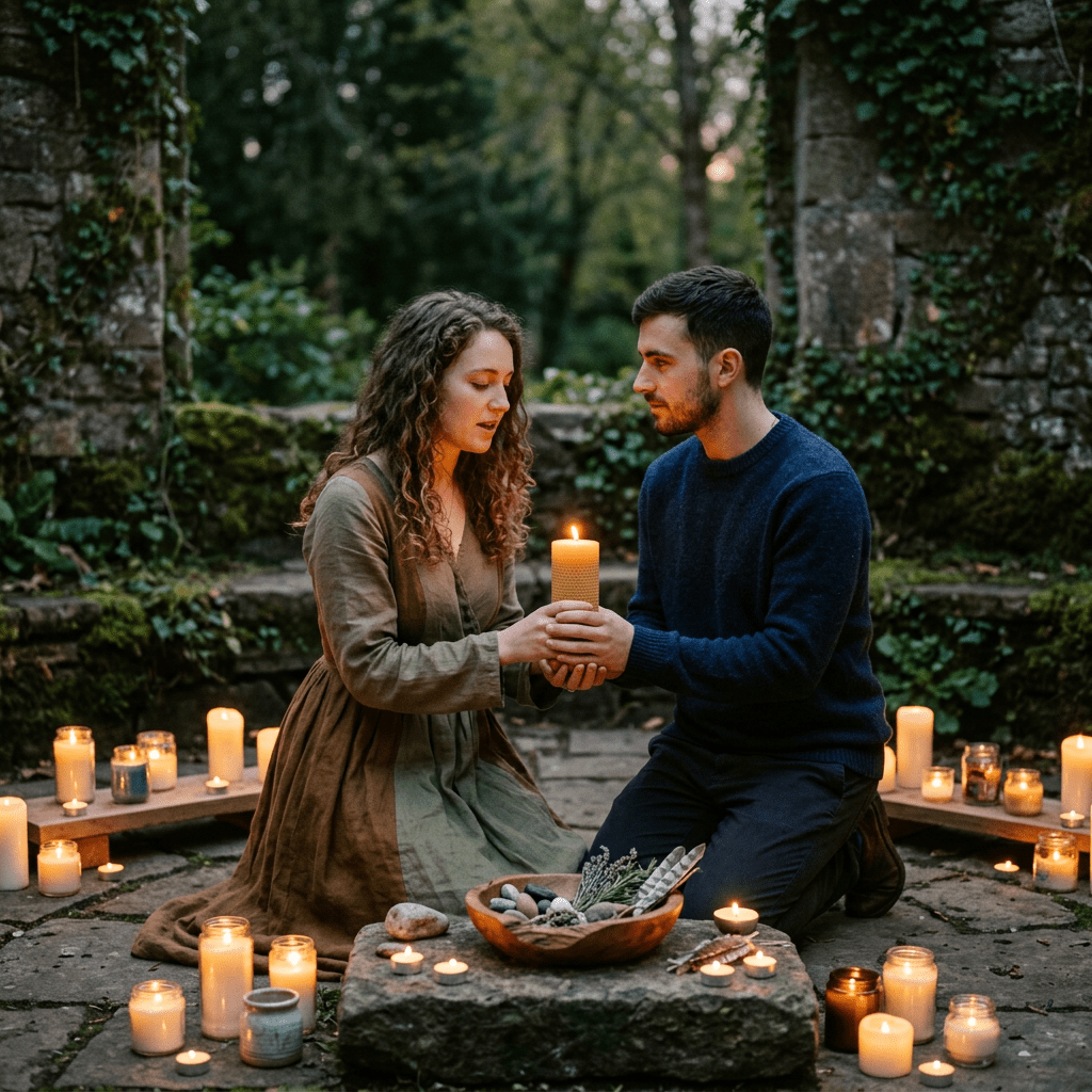Couple performing protective love ritual with candles