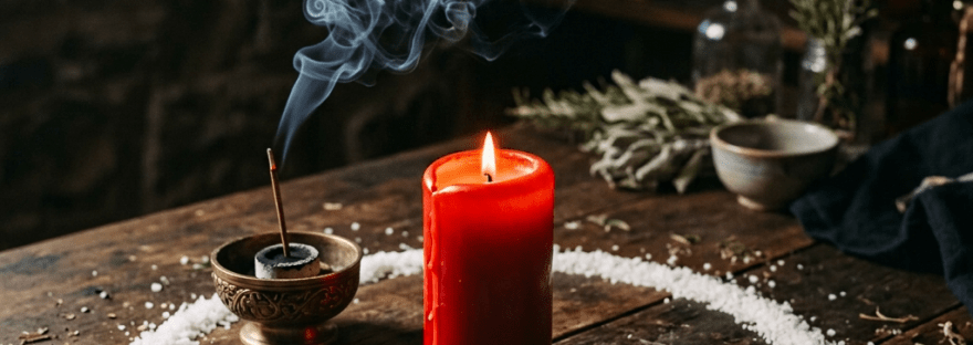 Red candle with melted wax inside salt circle and burning incense smoke
