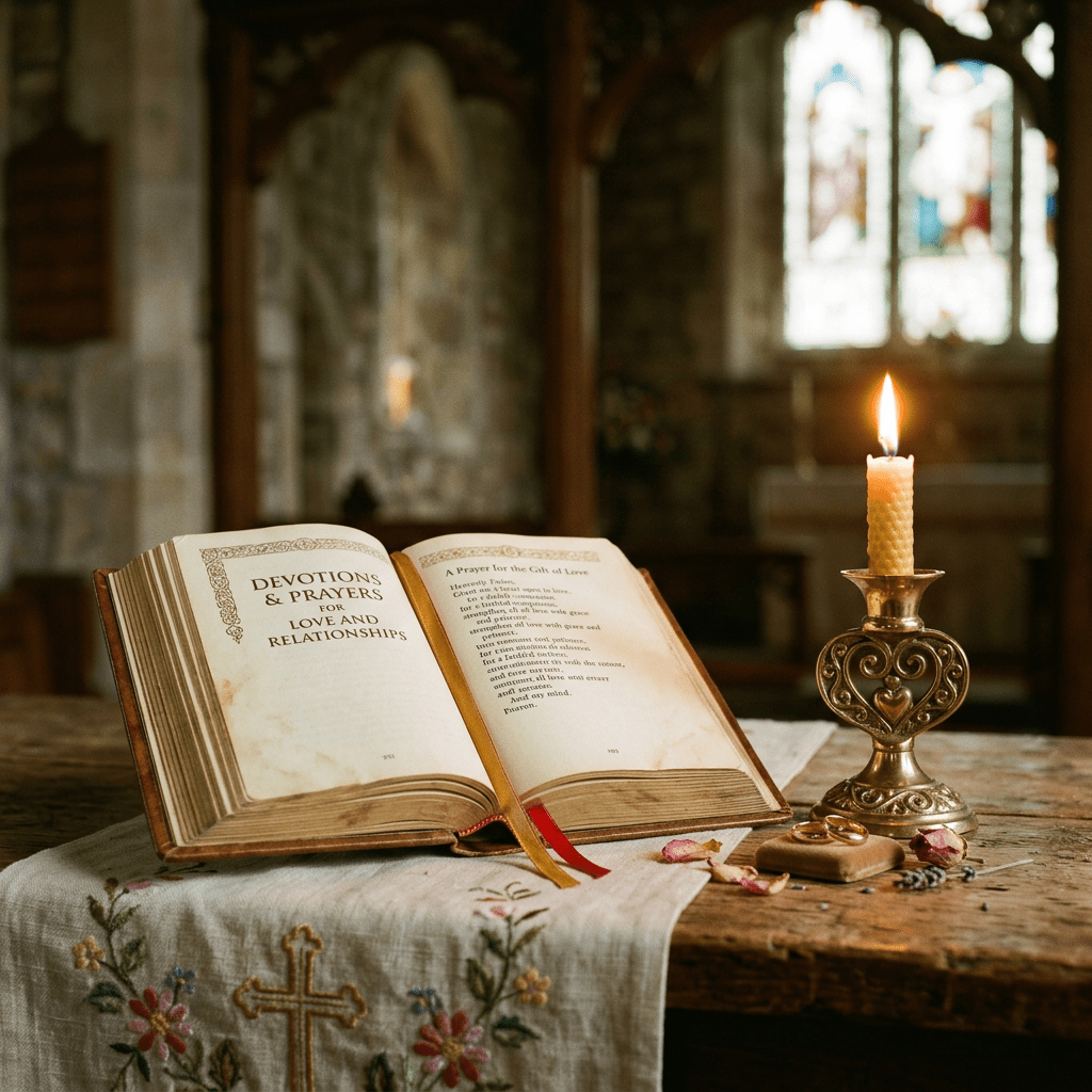 Open prayer book and candle for love