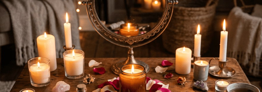 Table with lit candles, rose petals, a mirror, ritual tools, and a journal titled Love Ritual