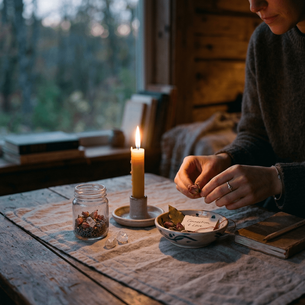 Hands arranging dried rosebuds beside a lit candle and a note reading 'Connection & Love'