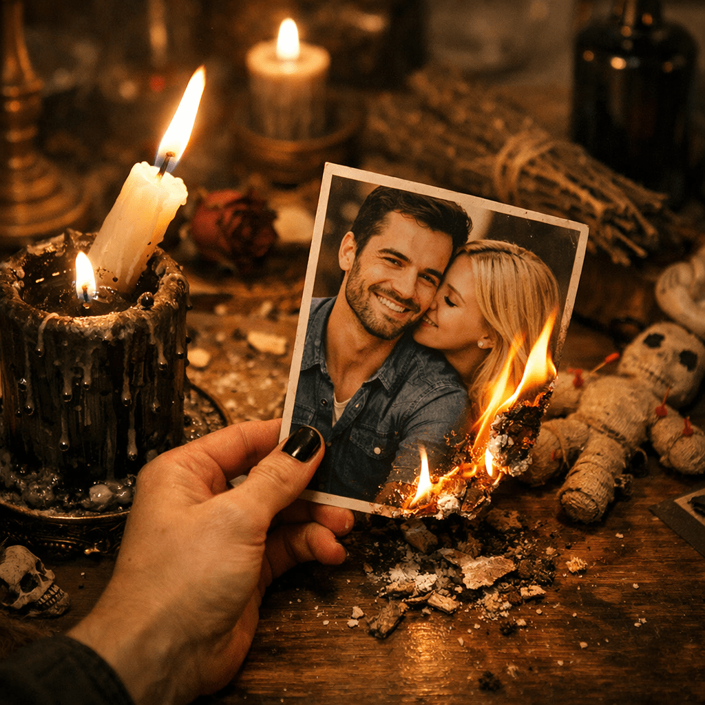 Hand holding a burning photo of a smiling couple with ritualistic candles, skull, and doll in background