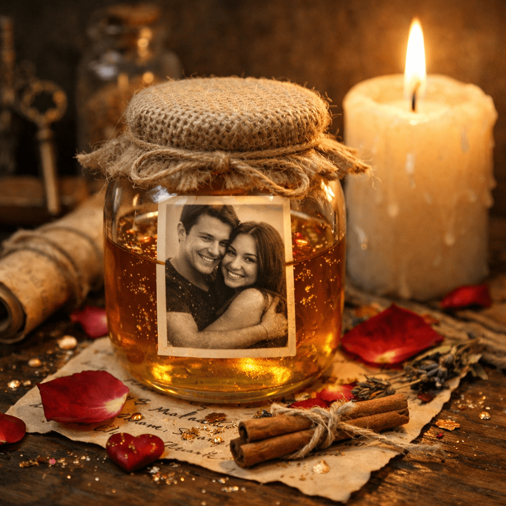 Jar filled with amber liquid and photo of a smiling couple, surrounded by rose petals, cinnamon sticks, herbs, and a lit candle