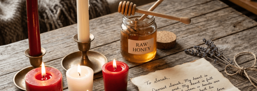 Handwritten love letter with lit candles, raw honey jar, dried lavender, wax sealed envelope, and a pen on wooden table