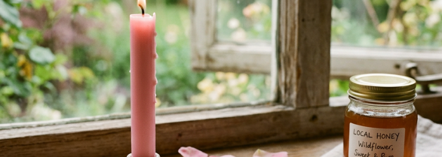 Lit pink candle, jar of local honey, handwritten note on wooden windowsill