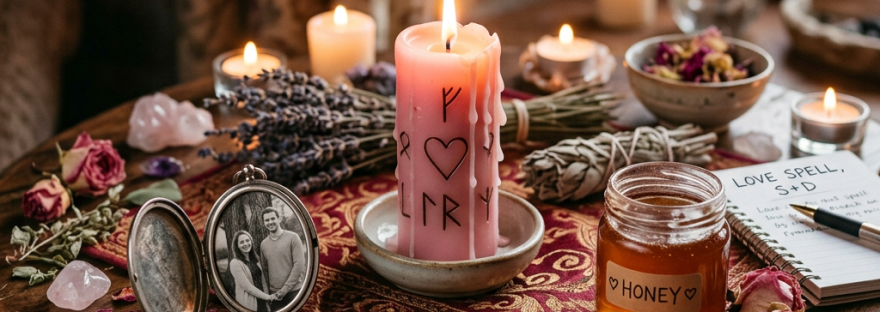 Table with burning candle, dried flowers, honey jar, crystals, photo locket, and love spell notebook