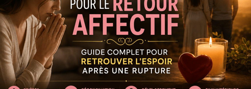 Femme en prière avec une bougie allumée et un couple au coucher du soleil illustrant la prière pour le retour affectif, la réconciliation amoureuse et l'espoir après une rupture.