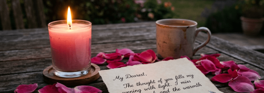 Handwritten romantic letter on wooden table with rose petals, lit candle, and coffee cup