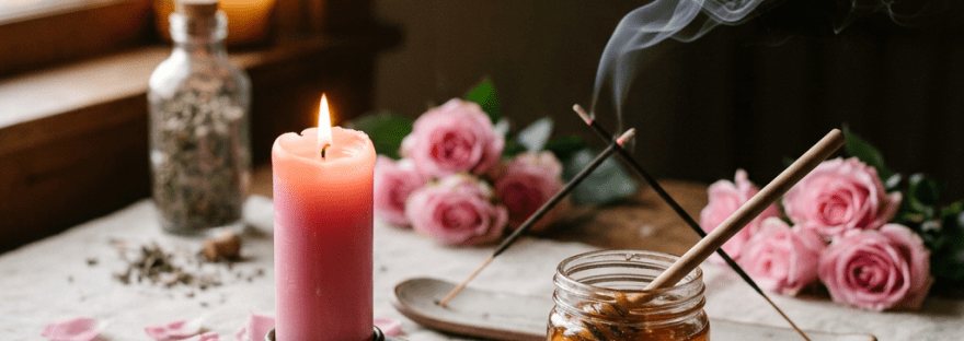 Lit pink candle surrounded by rose petals, honey jar with wooden dipper, and smoking incense sticks on wooden table