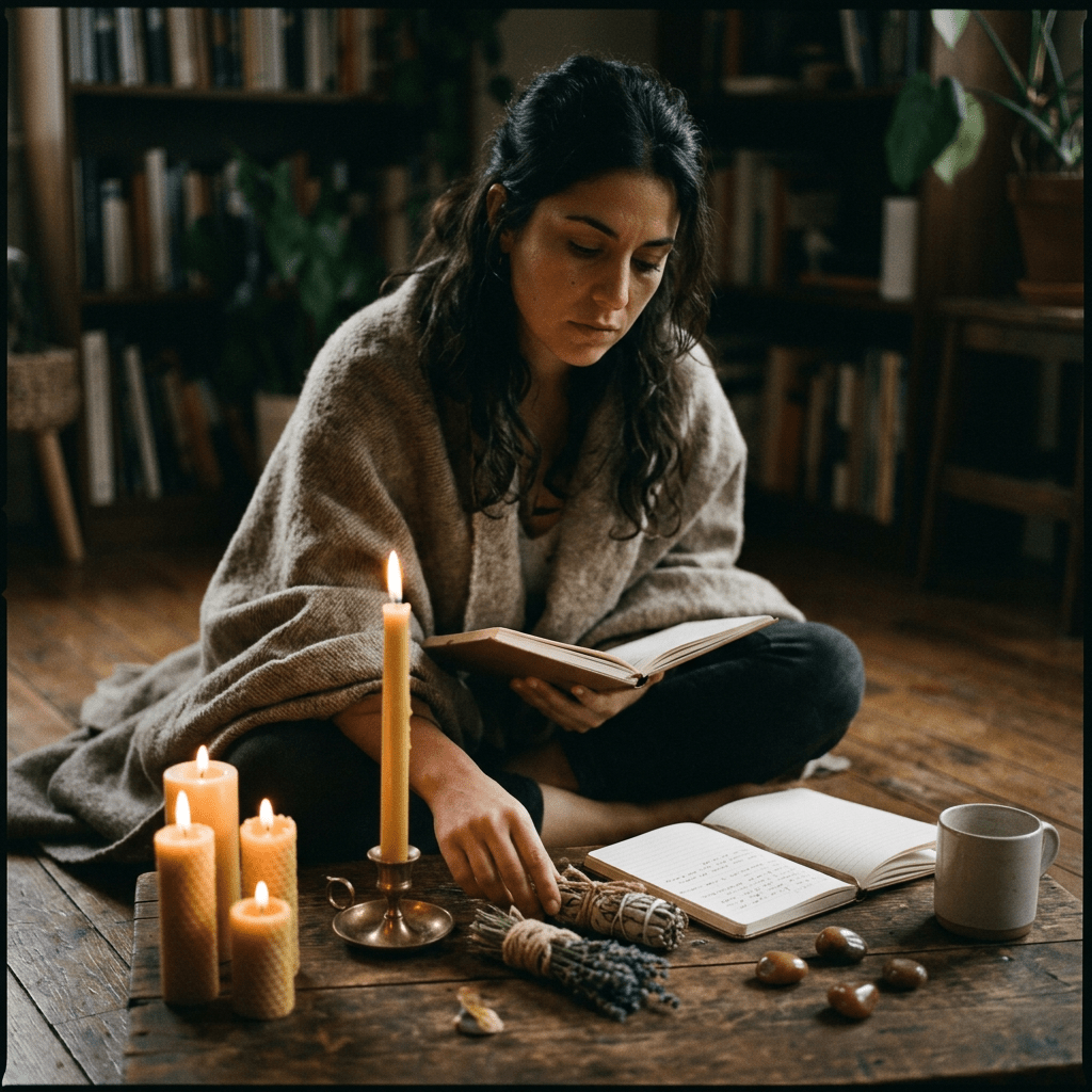Woman sitting cross-legged on floor reading a book with candles, herbs, and stones on wooden table