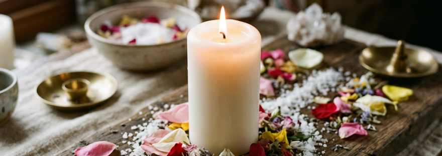 Lit white candle with flower petals and salt arranged on rustic wooden table in cozy room