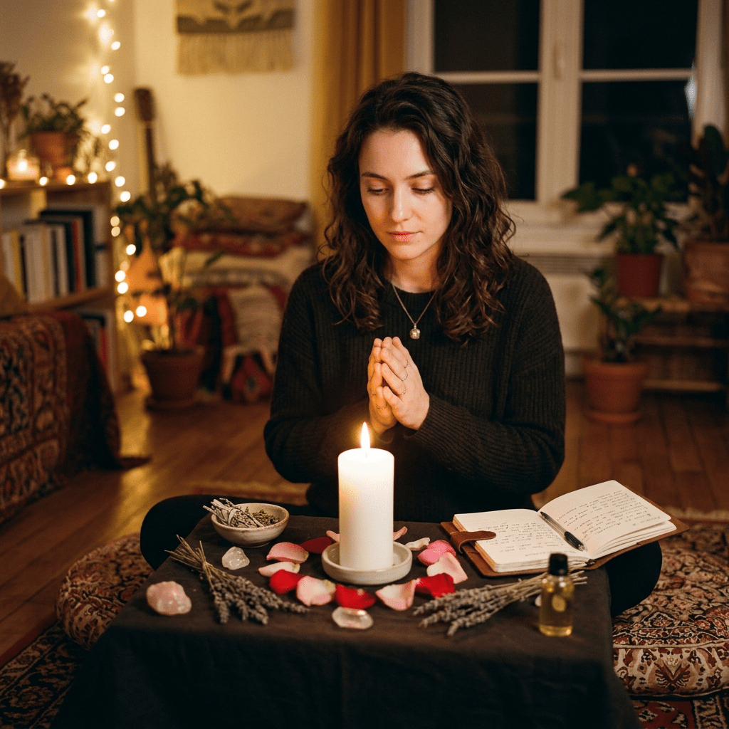 Woman sitting cross-legged at a low table with a lit white candle, crystals, flower petals, and an open journal