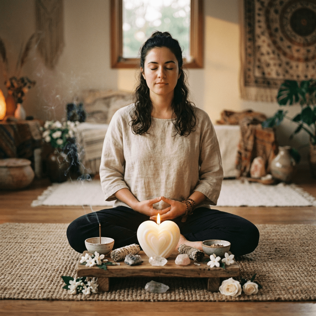 Woman meditating with white candle heart purification