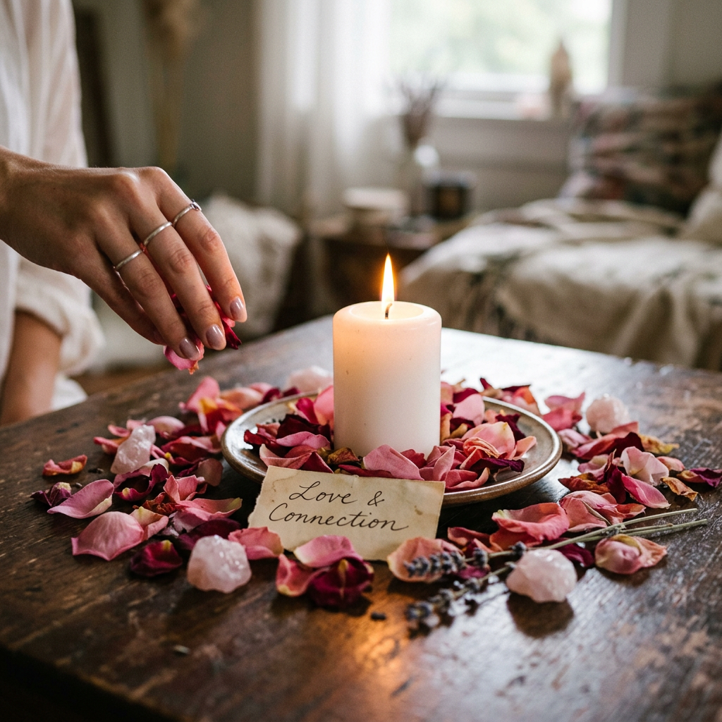 White candle on plate surrounded by pink and red rose petals, crystals, and a note saying 'Love & Connection'
